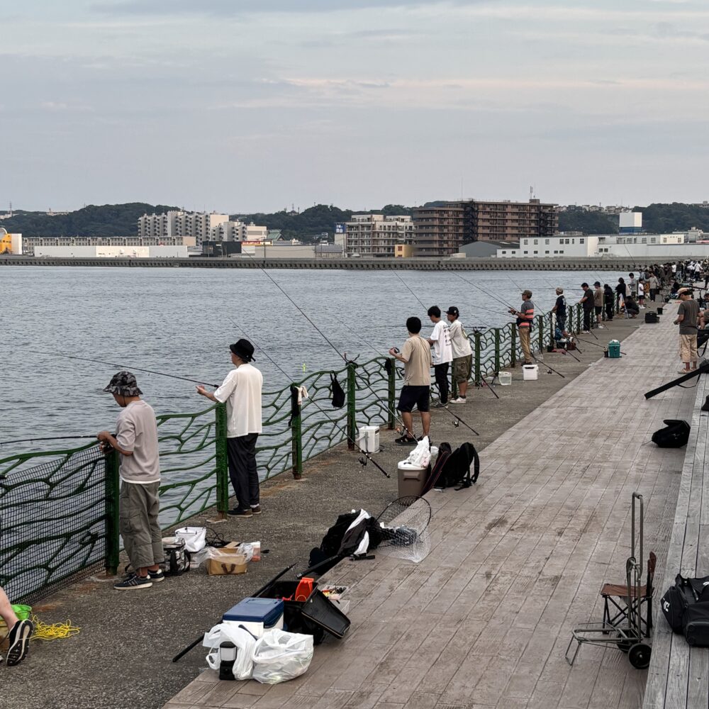 2026年8月1日18時30分頃の海辺つり公園先端手前から中央付近の激混み風景