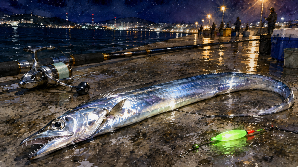 夜釣りの桟橋と銀色の太刀魚