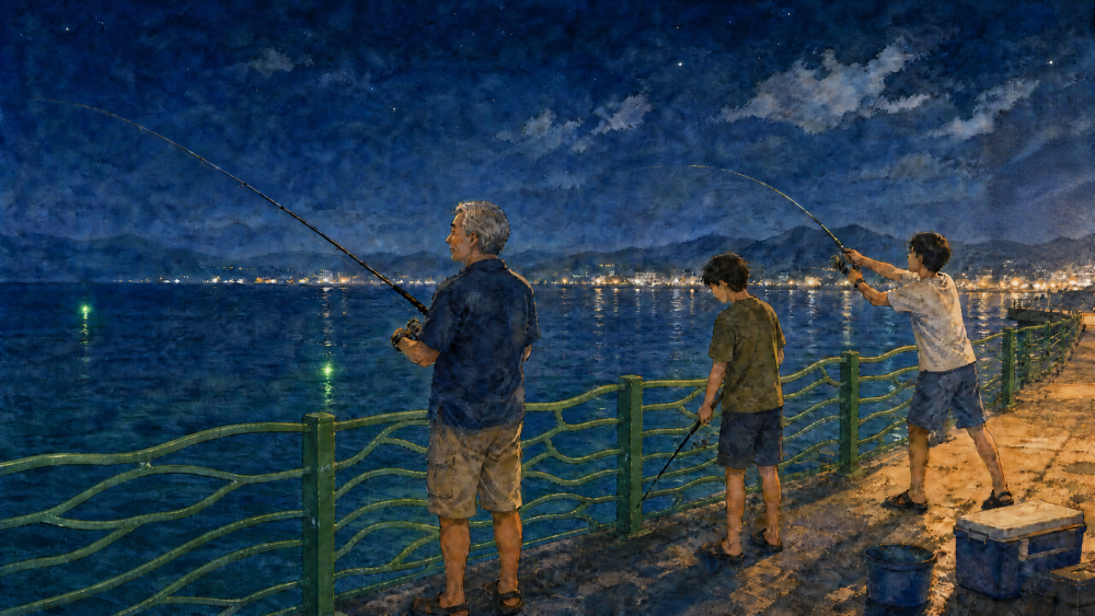 夜の海釣り公園で3人が横並びに釣りをする水彩イラスト