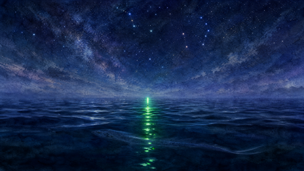 夜の海に電気ウキが灯る幻想的な水彩イラスト